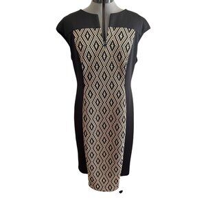 Established 1962 Black & Tan Print Sheath Dress Size 16 Cap Sleeves Back Zipper